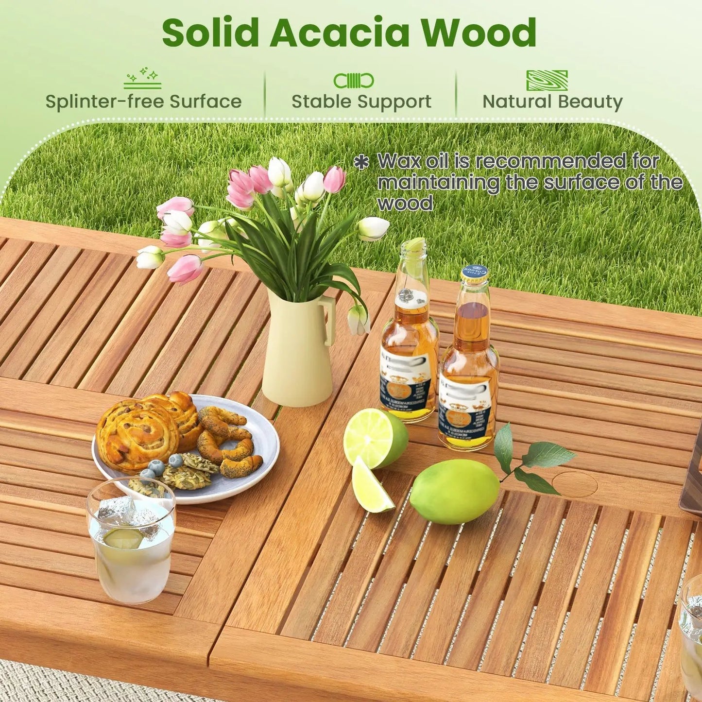 8-person outdoor acacia wood dining table with slatted rectangular top on Tampa Home & Garden Store