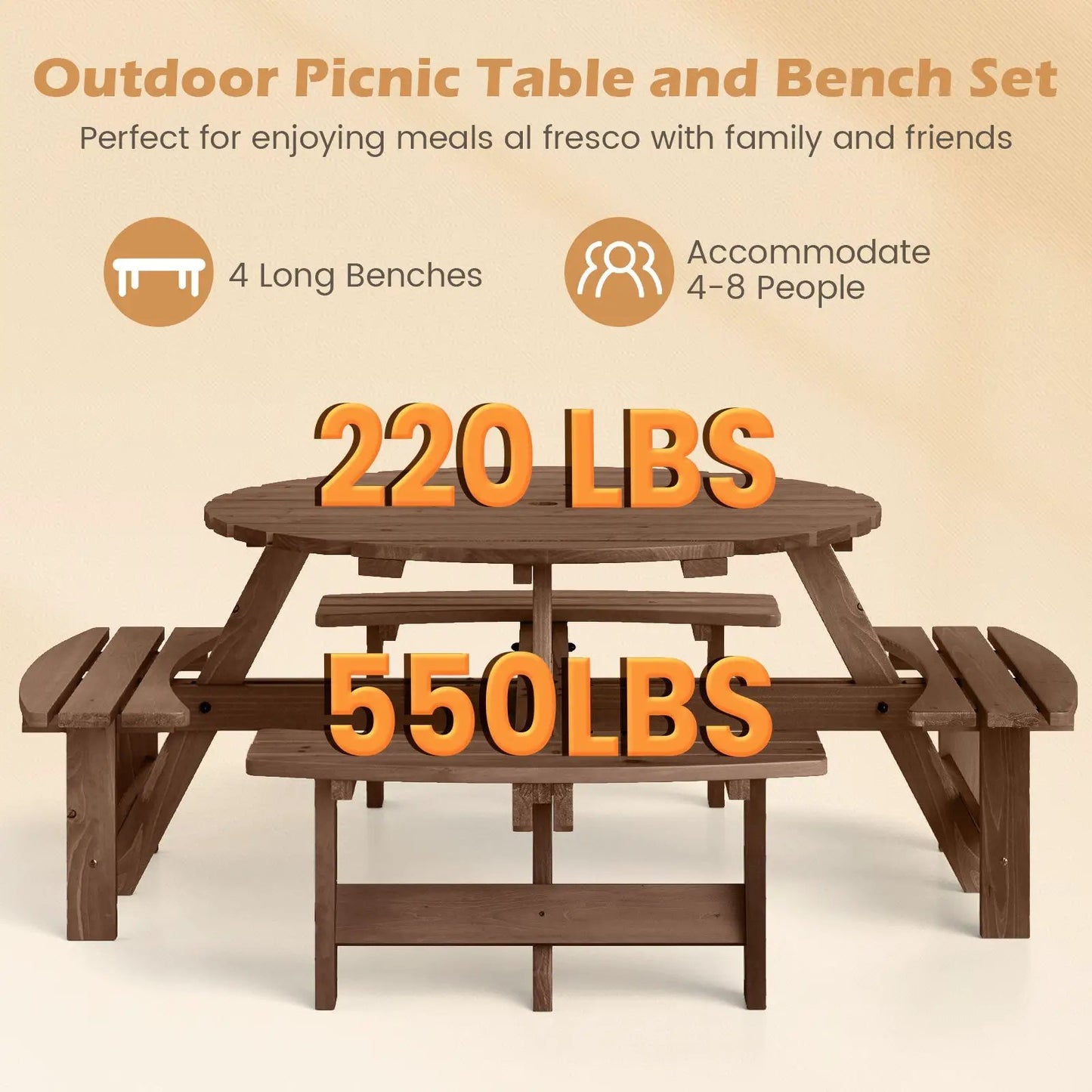 8-Person Round Picnic Table Set Circular Patio Dining Camping Table with Benches-Brown - Tampa Home & Garden Store