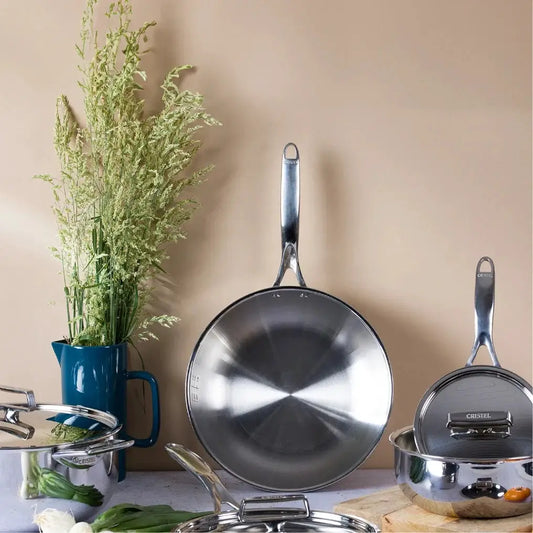 Stainless steel 8-piece Cristel USA Castel'Pro cookware set with lids and large skillet on Tampa Home & Garden Store
