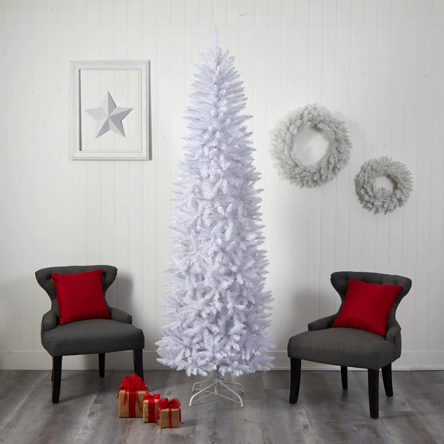 White Christmas Tree 8 ft Slim with bendable branches by Nearly Natural in a living room on Tampa Home & Garden Store