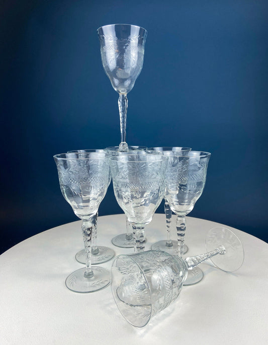 8 Vintage Wine or Water Goblets with Floral Cut Motif & Horizontal Band. Blown Glass Tall Stemware. - Tampa Home & Garden Store