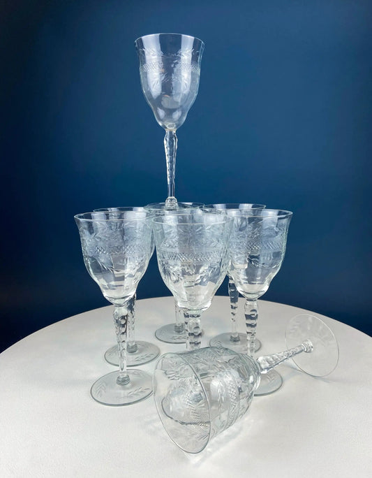 Vintage crystal goblets with floral cut motif and band, 8-piece wine glass set on Tampa Home & Garden Store