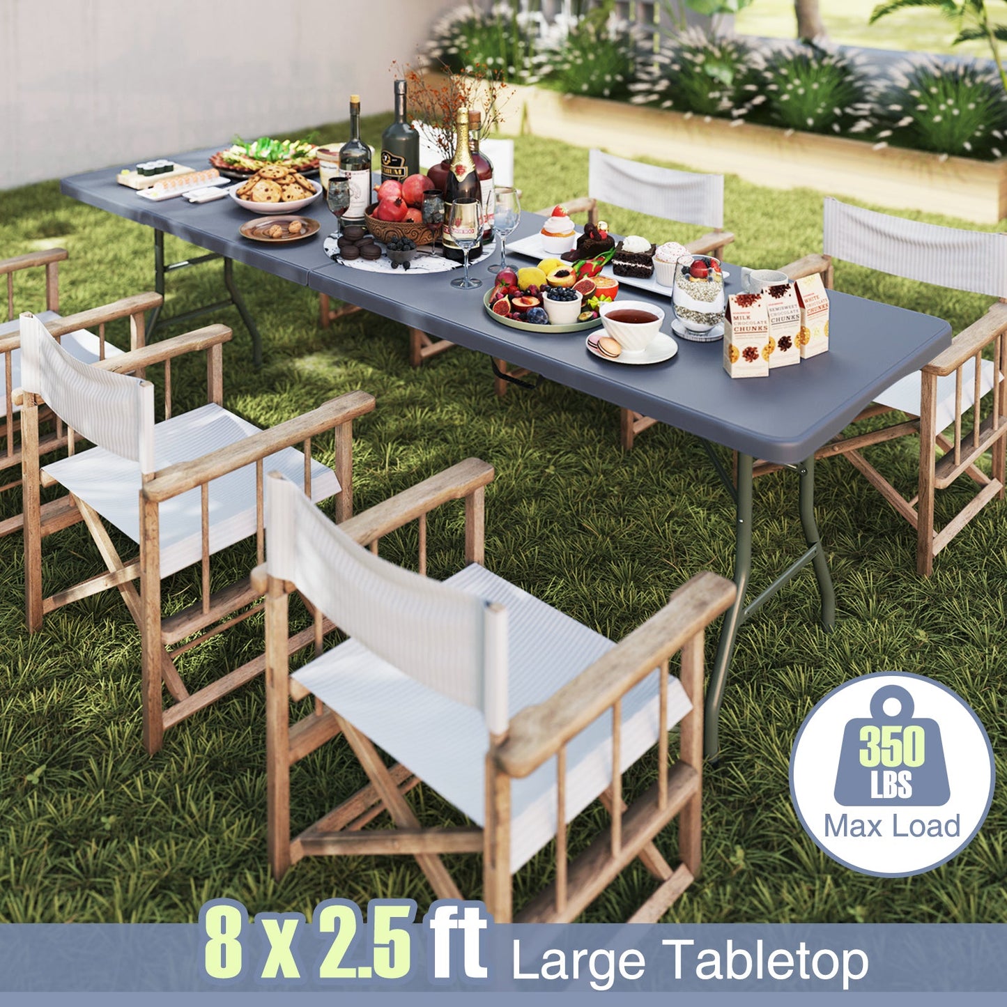8 ft Portable Folding Table 350 LBS Fold-in-Half Table with HDPE Tabletop-Gray