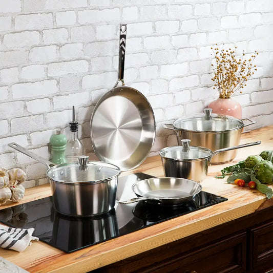 Cristel 1826 brushed stainless steel 8-piece cookware set with glass lids on Tampa Home & Garden Store