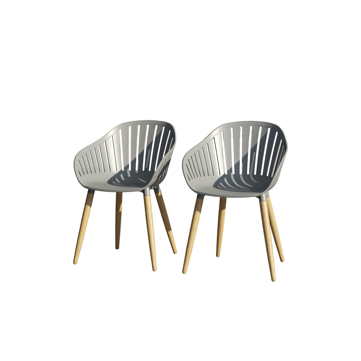 Nassau grey armchairs from Leyland dining set; 2 outdoor chairs with molded seats and wood legs on Tampa Home & Garden Store