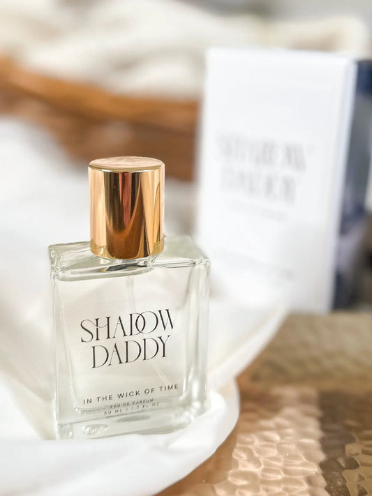 Shadow Daddy Eau de Parfum bottle, clear glass with gold cap, 50 ml by In the Wick of Time on Tampa Home & Garden Store