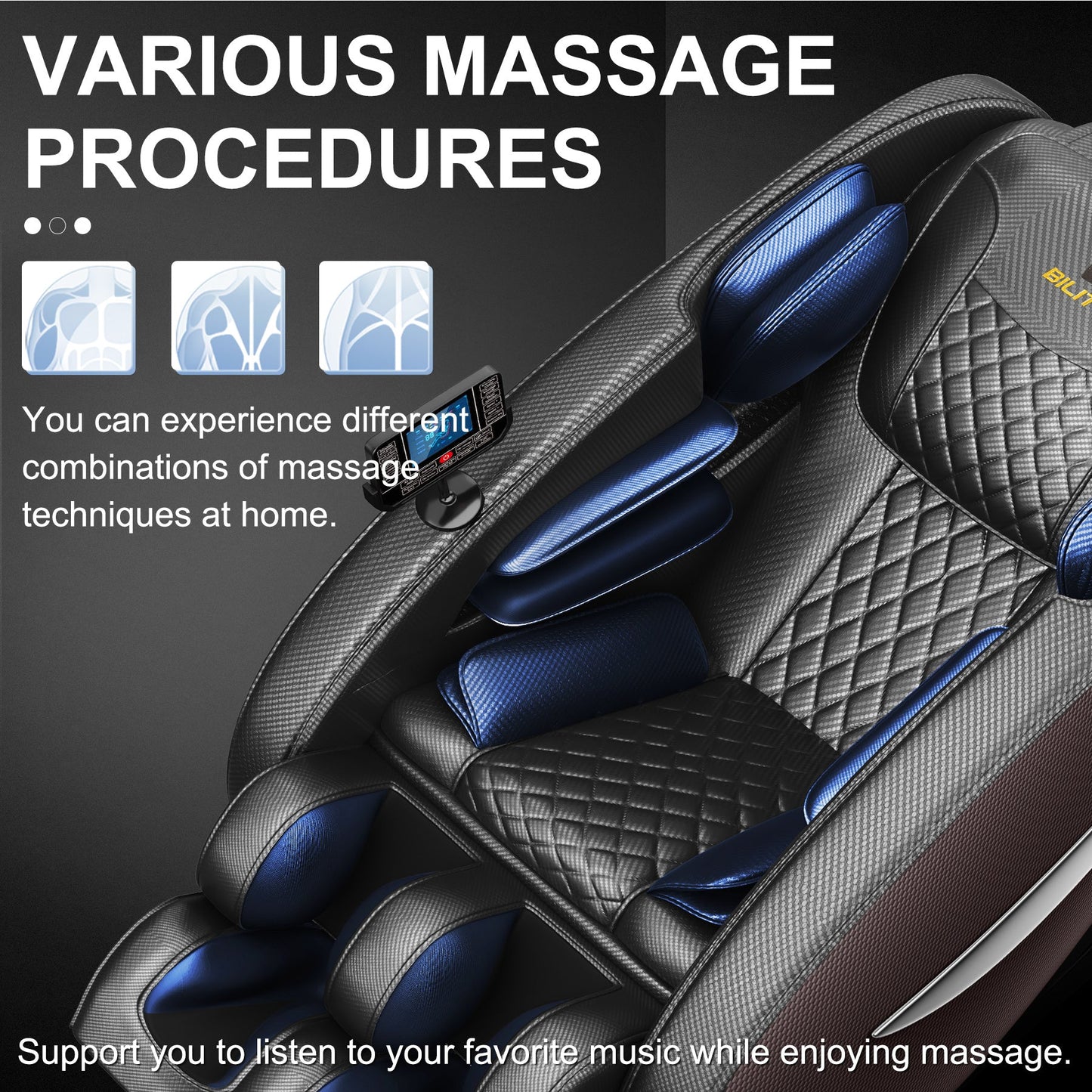 Massage chair recliner with grey quilted upholstery and blue cushions remote for zero gravity on Tampa Home & Garden Store