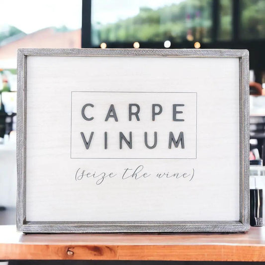 Carpe Vinum XL wall art by Gia Roma in gray wooden frame with wine motto on Tampa Home & Garden Store