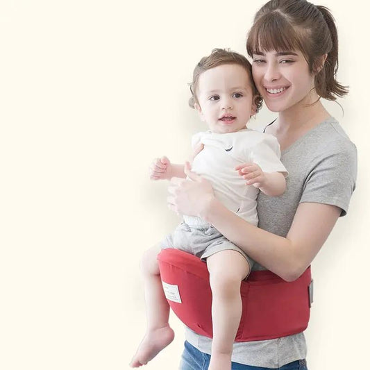 Adjustable Waist Belt Baby Carrier and Hip Seat in red worn by mom with baby on Tampa Home & Garden Store