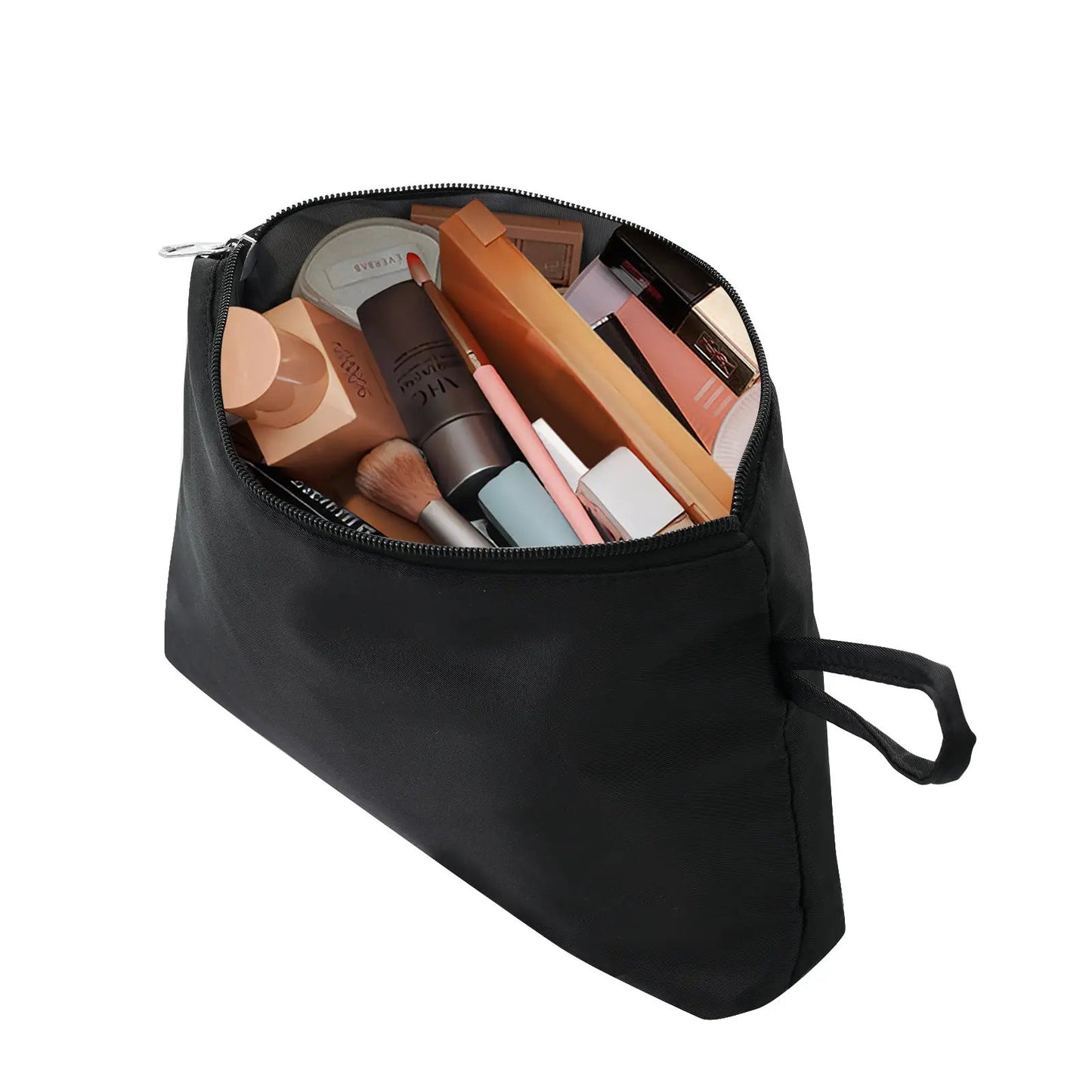 Black zippered cosmetic bag open with lipstick, makeup brush and compact powders on Tampa Home & Garden Store