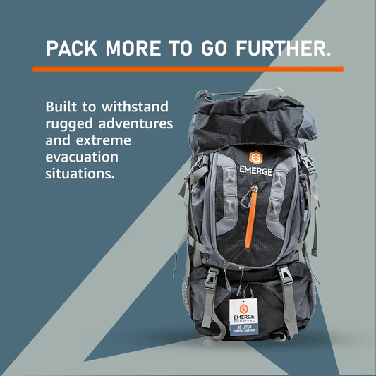 80L Ranger Gear System survival backpack by Emerge Survival, gray/black with orange zipper on Tampa Home & Garden Store