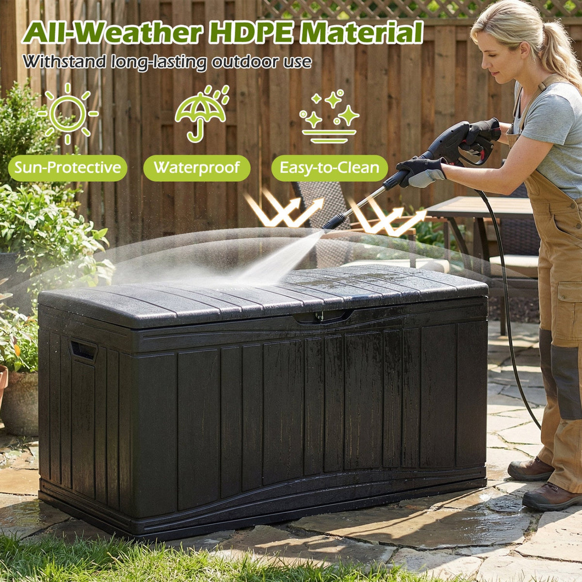 80 Gallon outdoor deck box with lockable lid in black HDPE by DirectDeals being power washed outdoors on Tampa Home & Garden Store