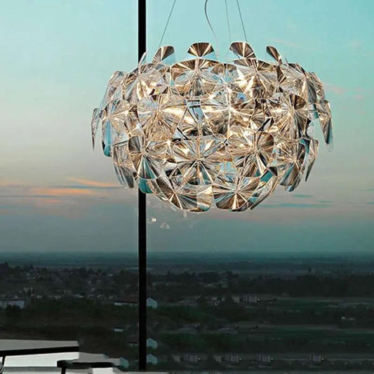 LED acrylic Apple chandelier with mirrored petal discs, silver finish, Decorbites pendant light on Tampa Home & Garden Store