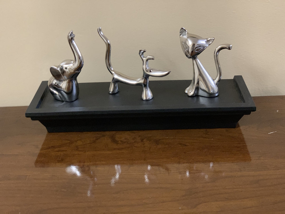 Vibhsa silver dog cat and elephant ring holders set of three on black display base on Tampa Home & Garden Store