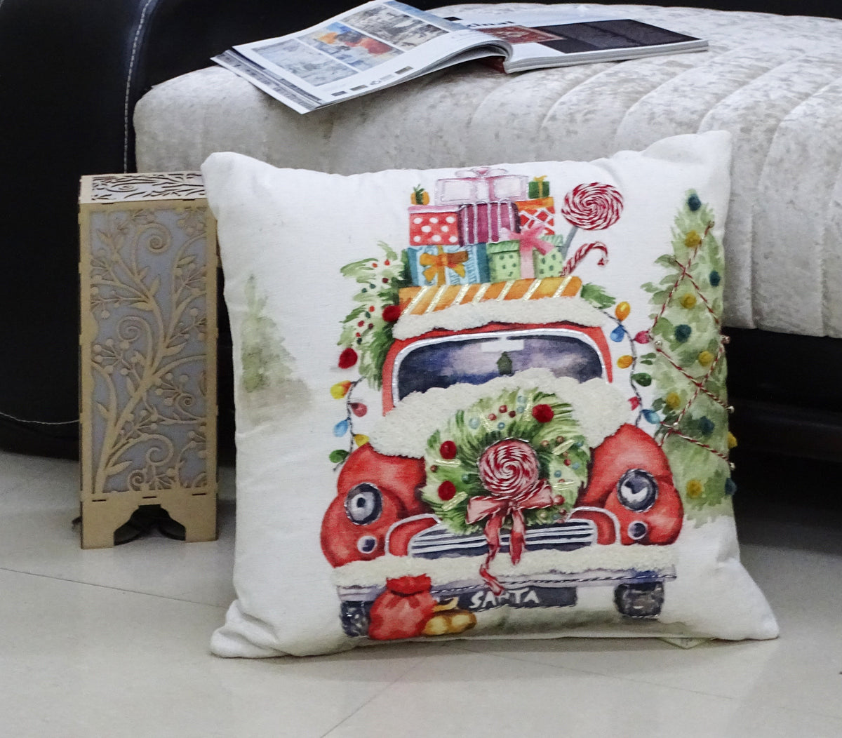Vibhsa Christmas Embroidered Throw Pillow 20x20 2 white with festive gifts car embroidery on Tampa Home & Garden Store