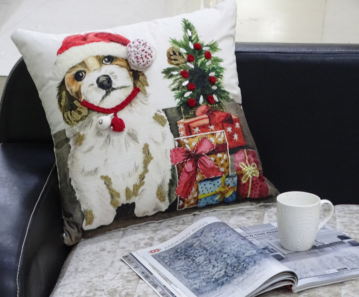 Vibhsa Christmas decorative throw pillow 20x20 with Santa dog and presents print on Tampa Home & Garden Store