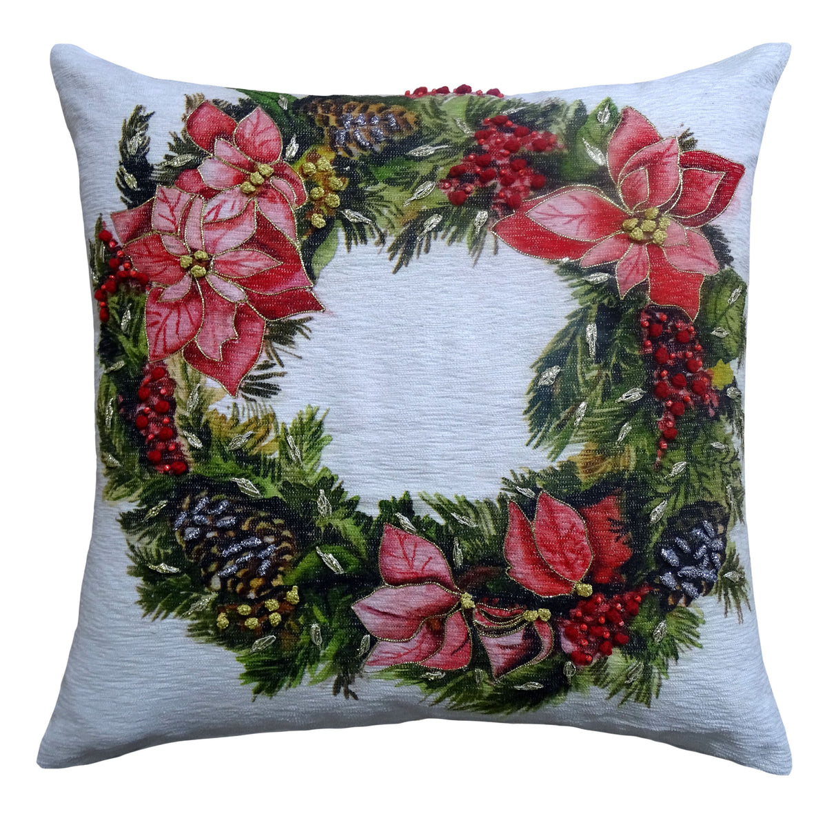 Vibhsa Xmas wreath throw pillow 20x20 with red poinsettias and pine greens on blue backdrop on Tampa Home & Garden Store