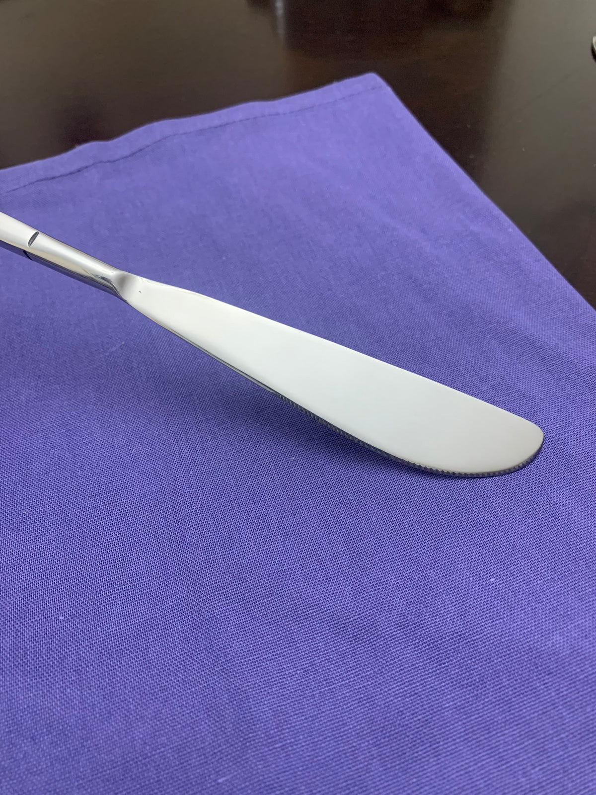 Vibhsa stainless steel flatware knife blade on purple napkin on Tampa Home & Garden Store