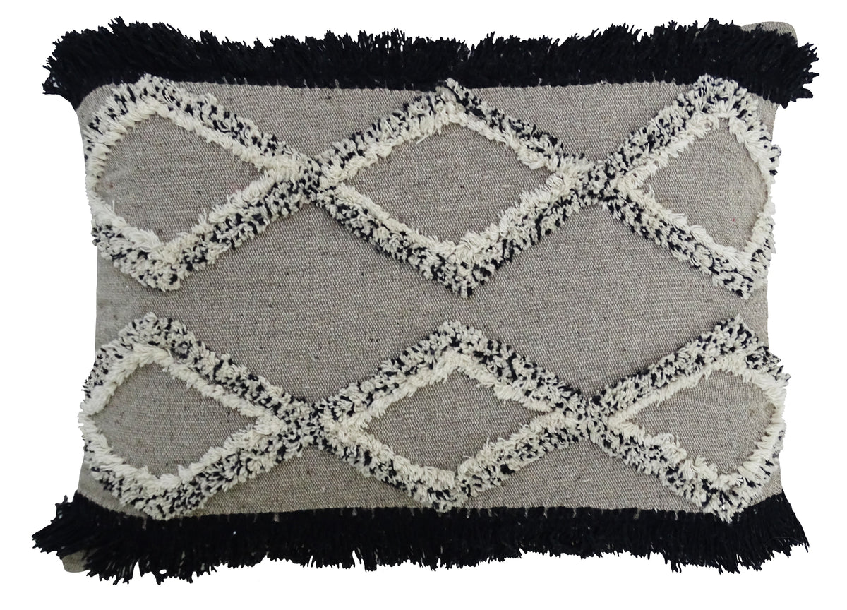 Vibhsa handloom woven tufted gray pillow 16x22 with cream tufted chevrons and black fringe on Tampa Home & Garden Store