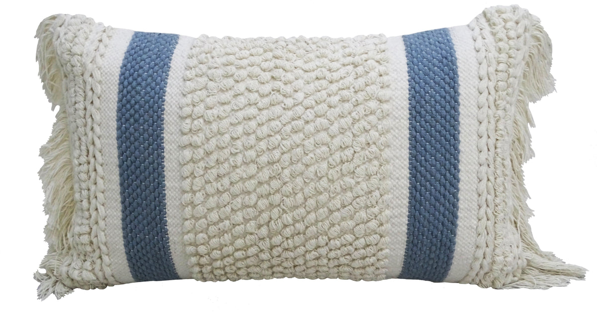 Decorative striped throw pillow with loop texture and fringed ivory and blue Vibhsa 14x24 on Tampa Home & Garden Store
