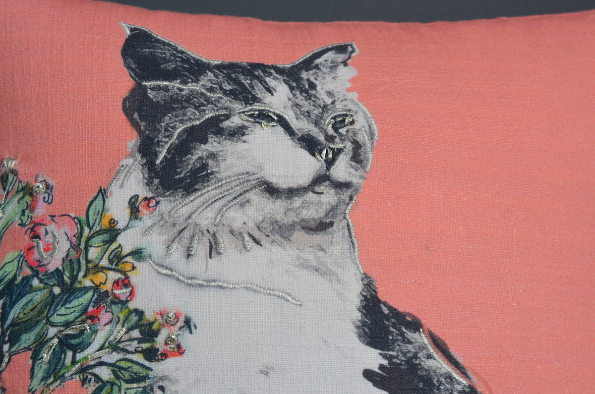 Pink Peach Decorative Pillow 18x18 with cat embroidery and floral bouquet by Vibhsa on Tampa Home & Garden Store