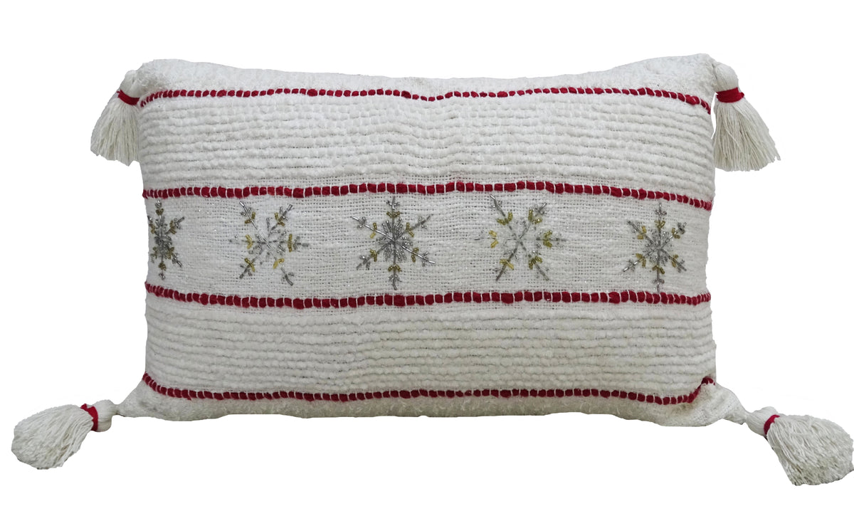 Vibhsa Christmas decorative pillow 14x24 white with red snowflake bands tassel corners on Tampa Home & Garden Store