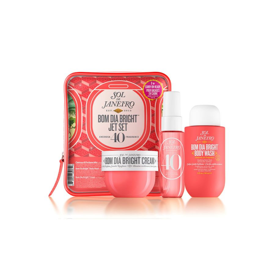Sol de Janeiro Bom Dia Bright Jet Set 3-piece pink travel case with body wash and cream on Tampa Home & Garden Store