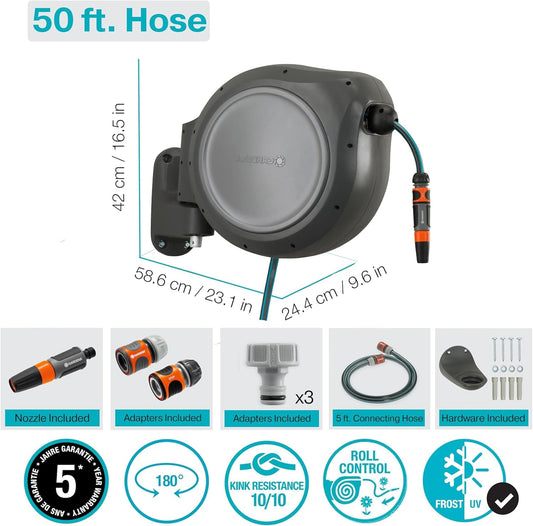 Retractable Hose Reel RollUp 50 ft by Gardena with teal hose wall-mount on Tampa Home & Garden Store