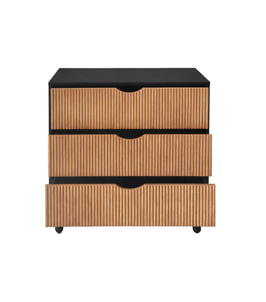 3 Drawer Storage Cabinet with black top and natural ribbed wood fronts, curved drawer openings and casters on Tampa Home & Garden Store