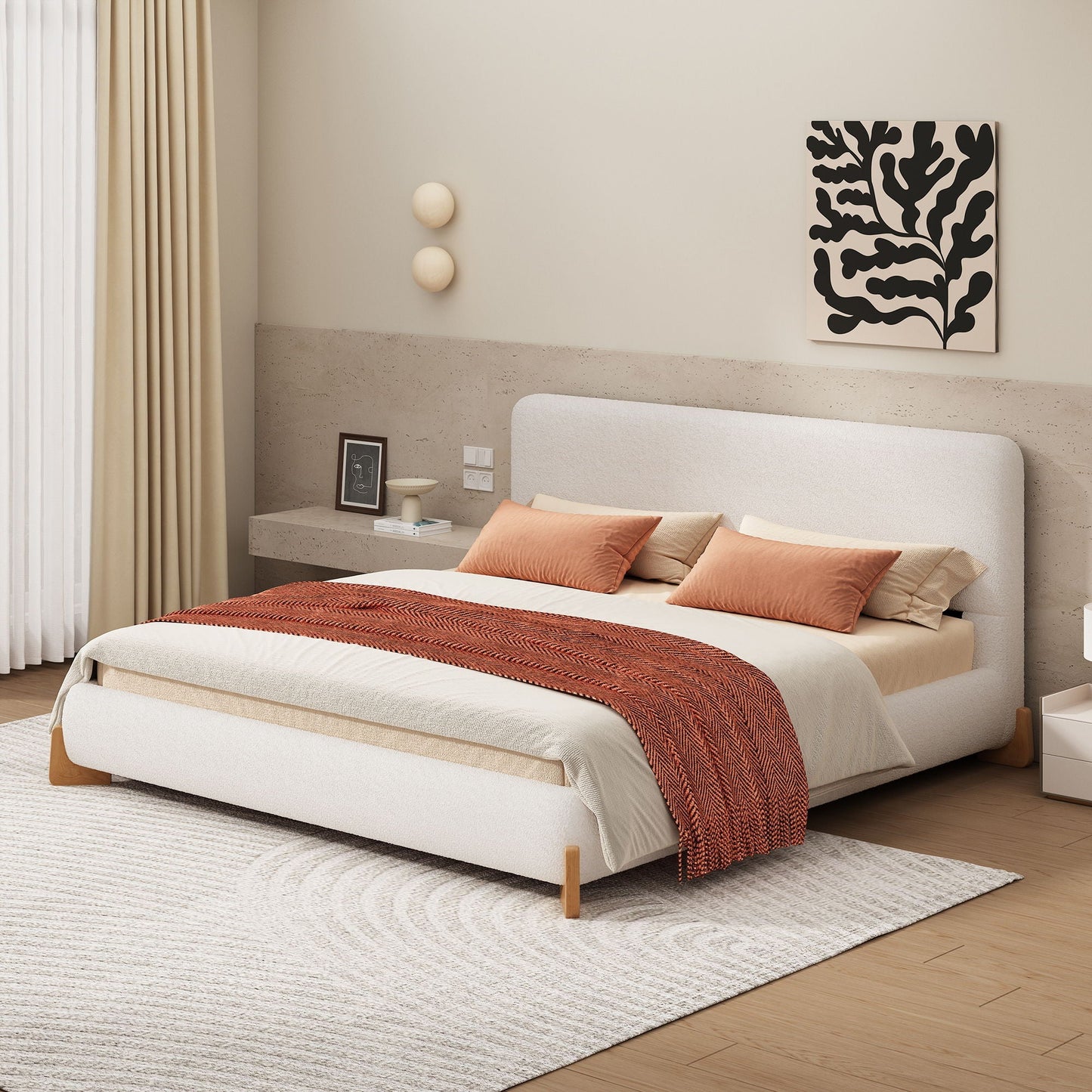 Elegant boucle upholstered bed with solid wood feet, beige fabric, peach throw pillows on Tampa Home & Garden Store