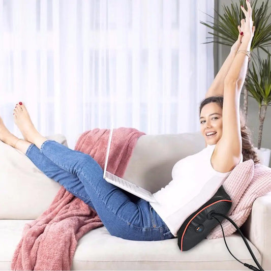 Lumbar waist massager with pulse heating, black airbag traction hot compress worn back on couch on Tampa Home & Garden Store