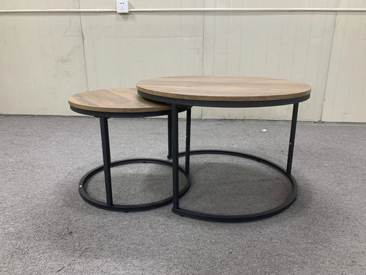 Nesting coffee tables set of 2 with 27.6-inch round light oak tops and black metal frames on Tampa Home & Garden Store