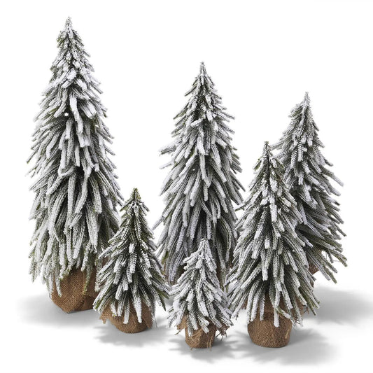 Snow Covered Trees decorative set of five snowy evergreens in burlap bases Gia Roma on Tampa Home & Garden Store