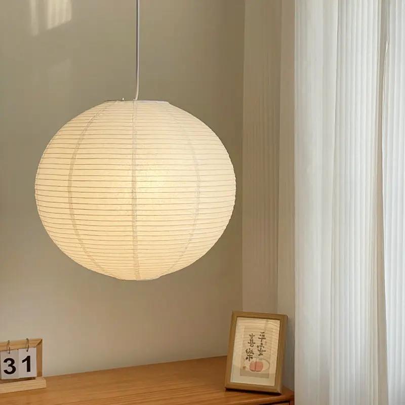 Lámpara colgante blanca estilo japonés para sala de estar, redonda, de papel de arroz, con LED.