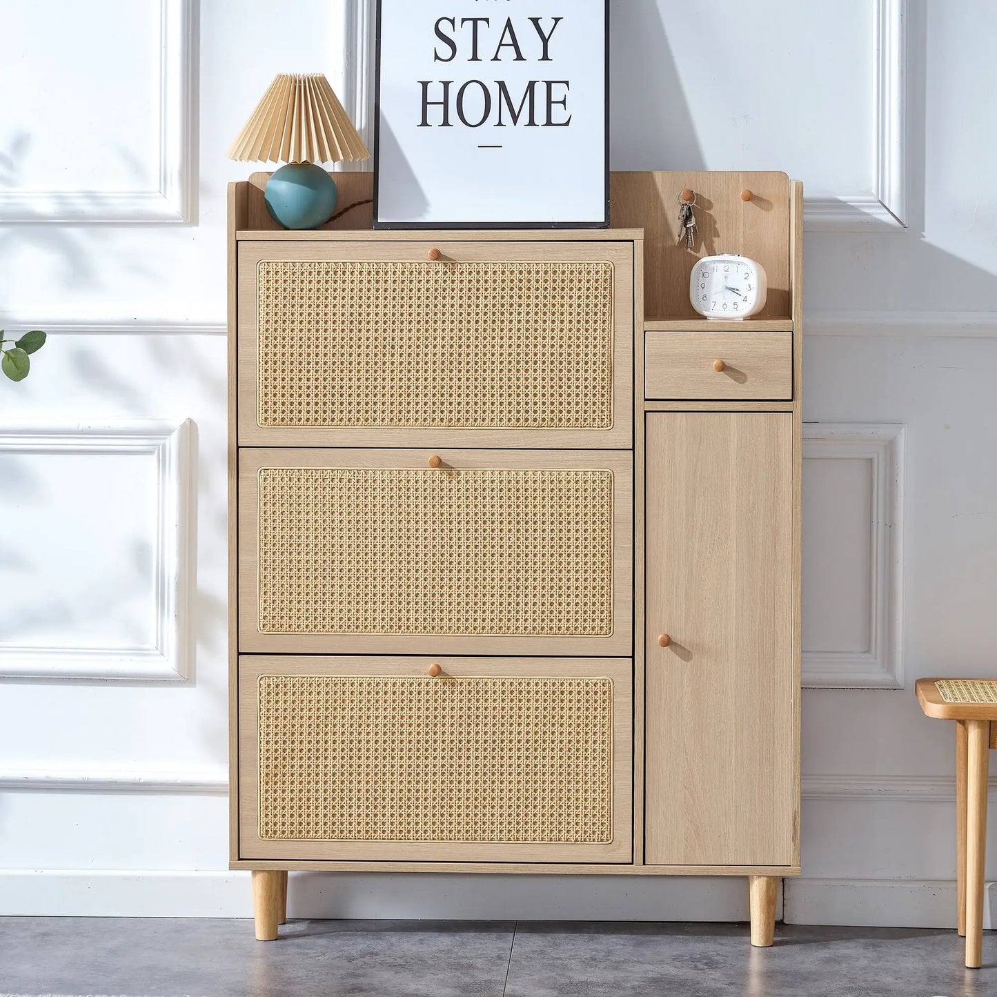 Modern Minimalist Bed Top Storage Shoe Cabinet in natural wood with cane fronts; teal lamp on Tampa Home & Garden Store