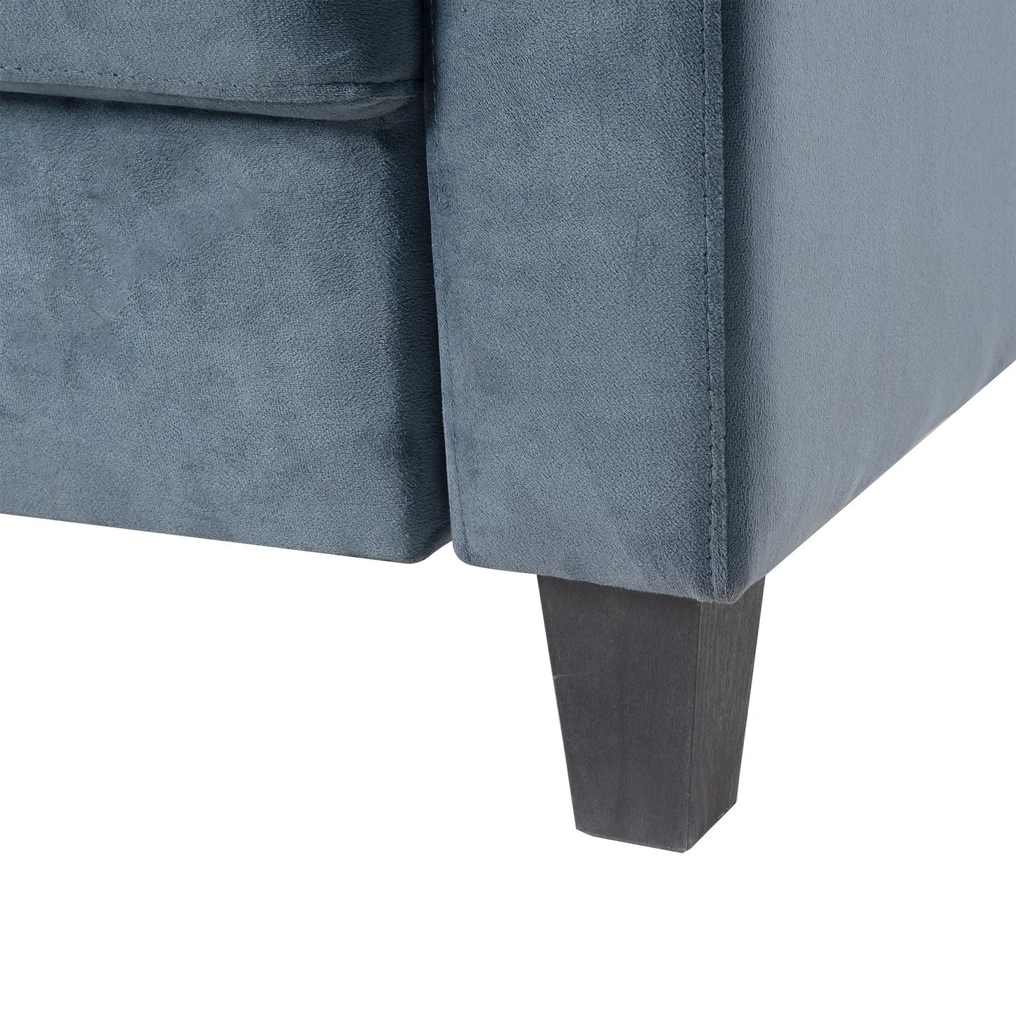 Gray chenille sectional sofa close-up with dark wood legs for living room on Tampa Home & Garden Store
