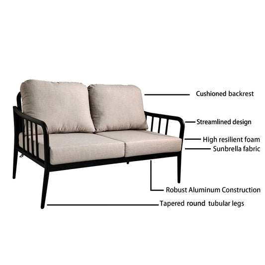 Outdoor aluminum chat sofa with beige Sunbrella cushions on a black powder-coated frame on Tampa Home & Garden Store