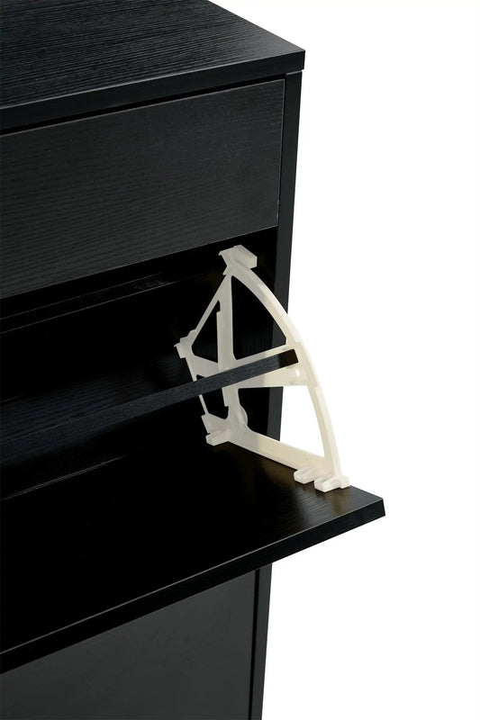 Shoe cabinet and storage shelves in black wood-grain finish with white plastic shoe rack clips on Tampa Home & Garden Store