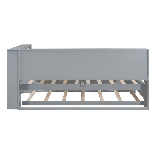 Gray wooden twin daybed frame with hidden trundle and slatted base on Tampa Home & Garden Store