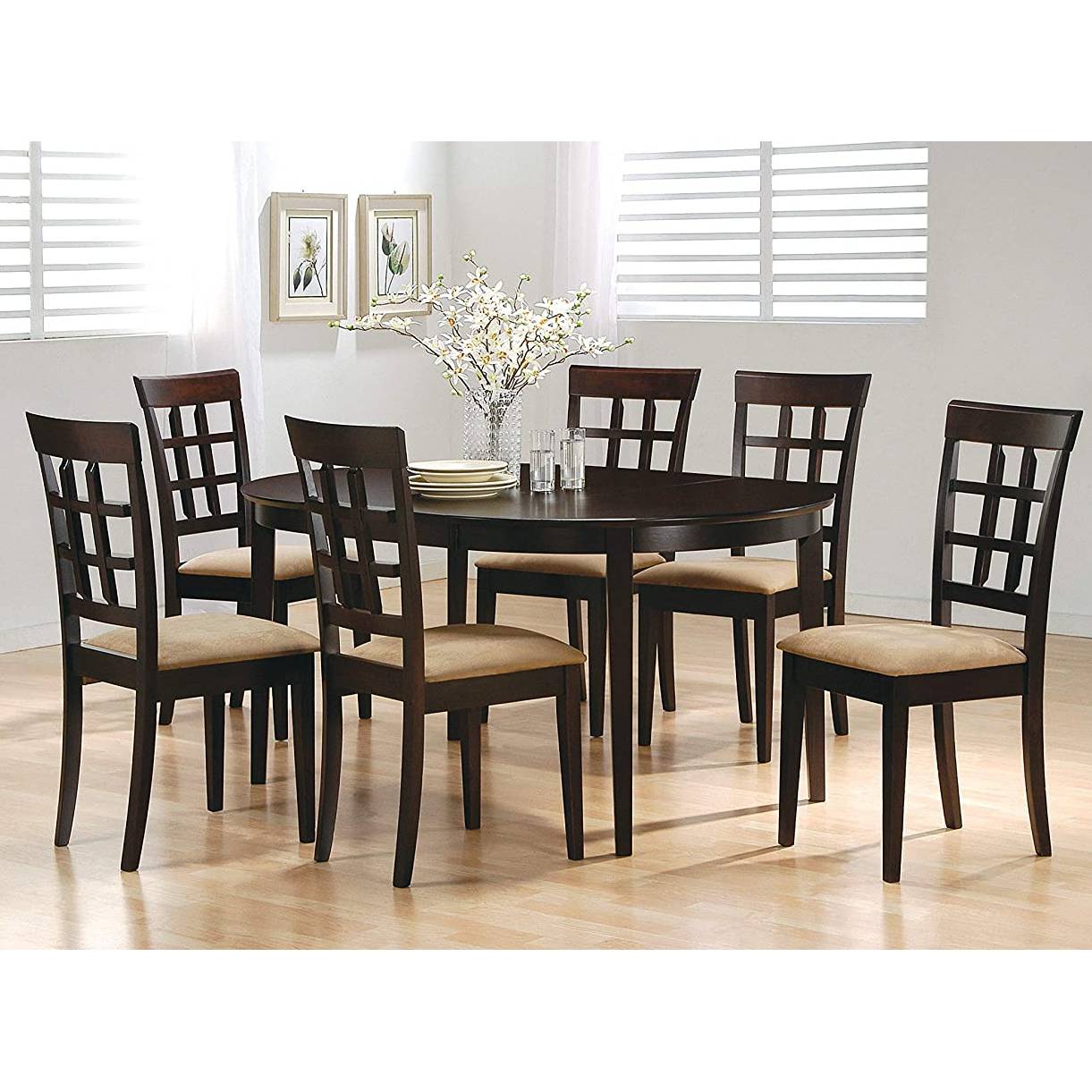 Mesa de comedor ovalada contemporánea con acabado de madera capuchino marrón oscuro