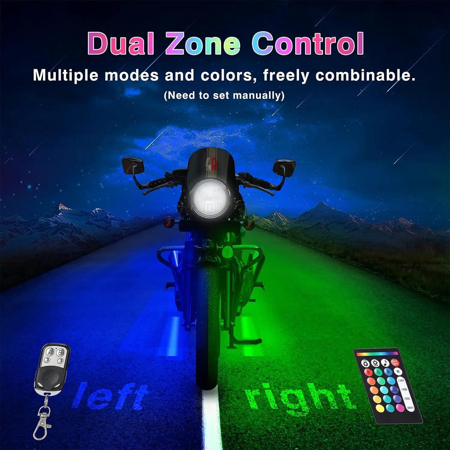 Motorcycle RGB Underglow Kit 12pcs Bluetooth underbody lights, dual-zone left blue right green on Tampa Home & Garden Store