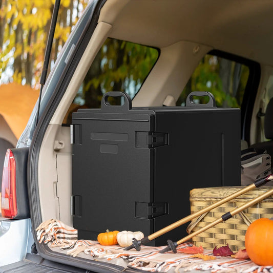81-quart end-loading insulated food pan carrier with dual handles in black in cargo area on Tampa Home & Garden Store