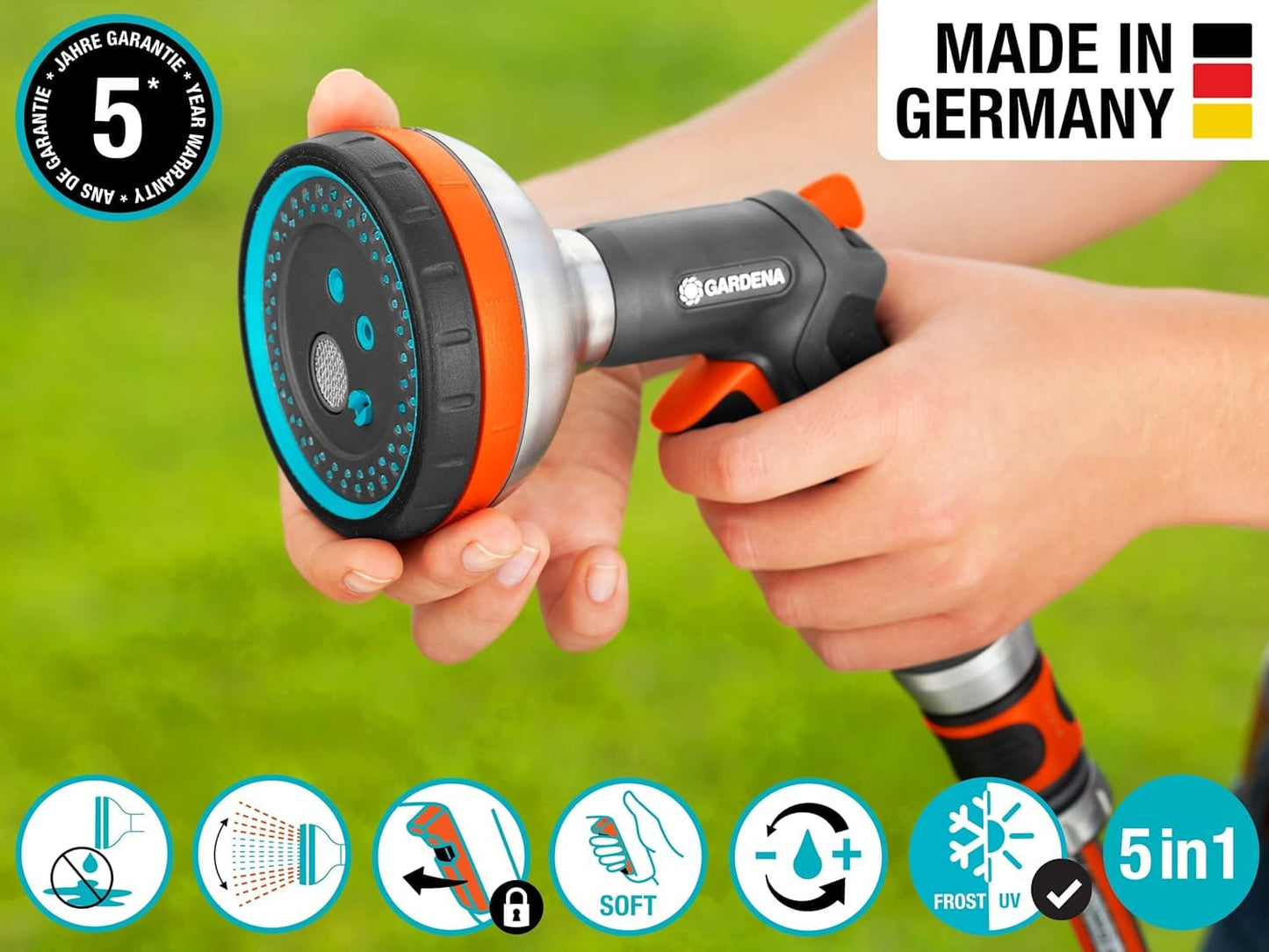 Gardena Premium Multi Sprayer five spray patterns garden hose nozzle with orange ergonomic grip on Tampa Home & Garden Store