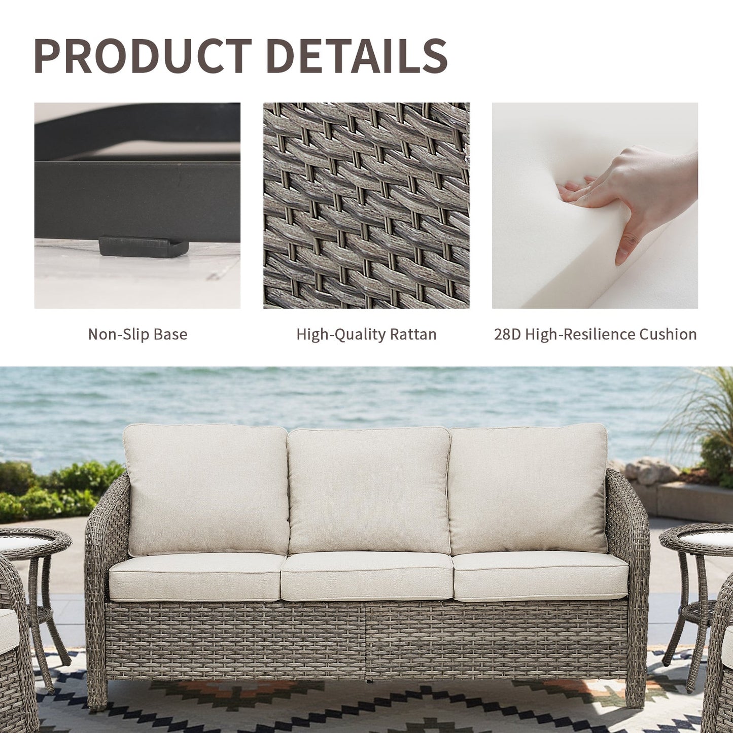3-seat PE wicker outdoor sofa with beige cushions and brown rattan weave by HouseOfZazla on patio on Tampa Home & Garden Store