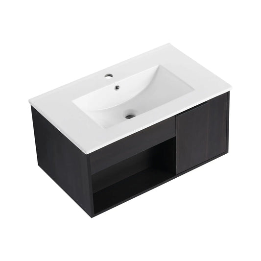 Wall mounted floating bathroom vanity with open shelf, white sink atop dark wood cabinet on Tampa Home & Garden Store
