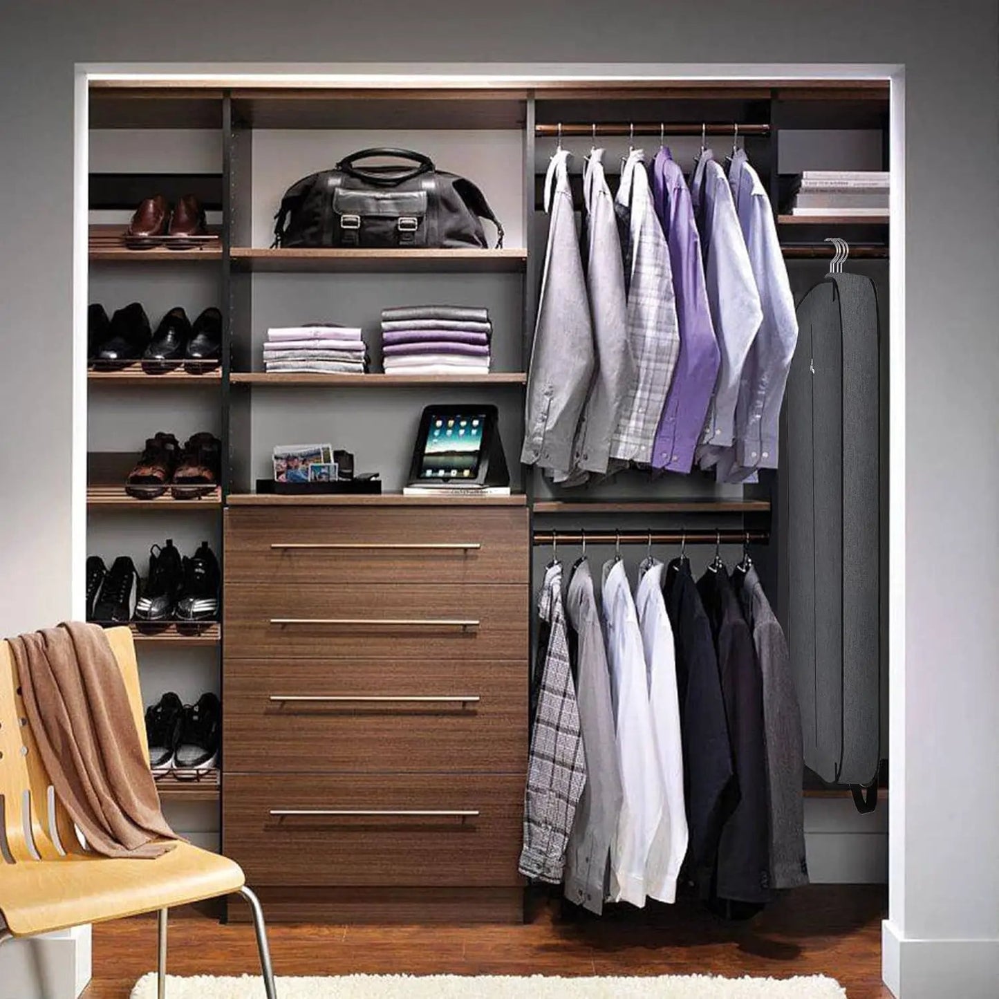Waterproof foldable garment bag with pocket Moktan Sabai grey hanging in a closet on Tampa Home & Garden Store