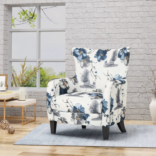 Contemporary Vintage Print Fabric Club Chair with blue floral upholstery and black legs on Tampa Home & Garden Store