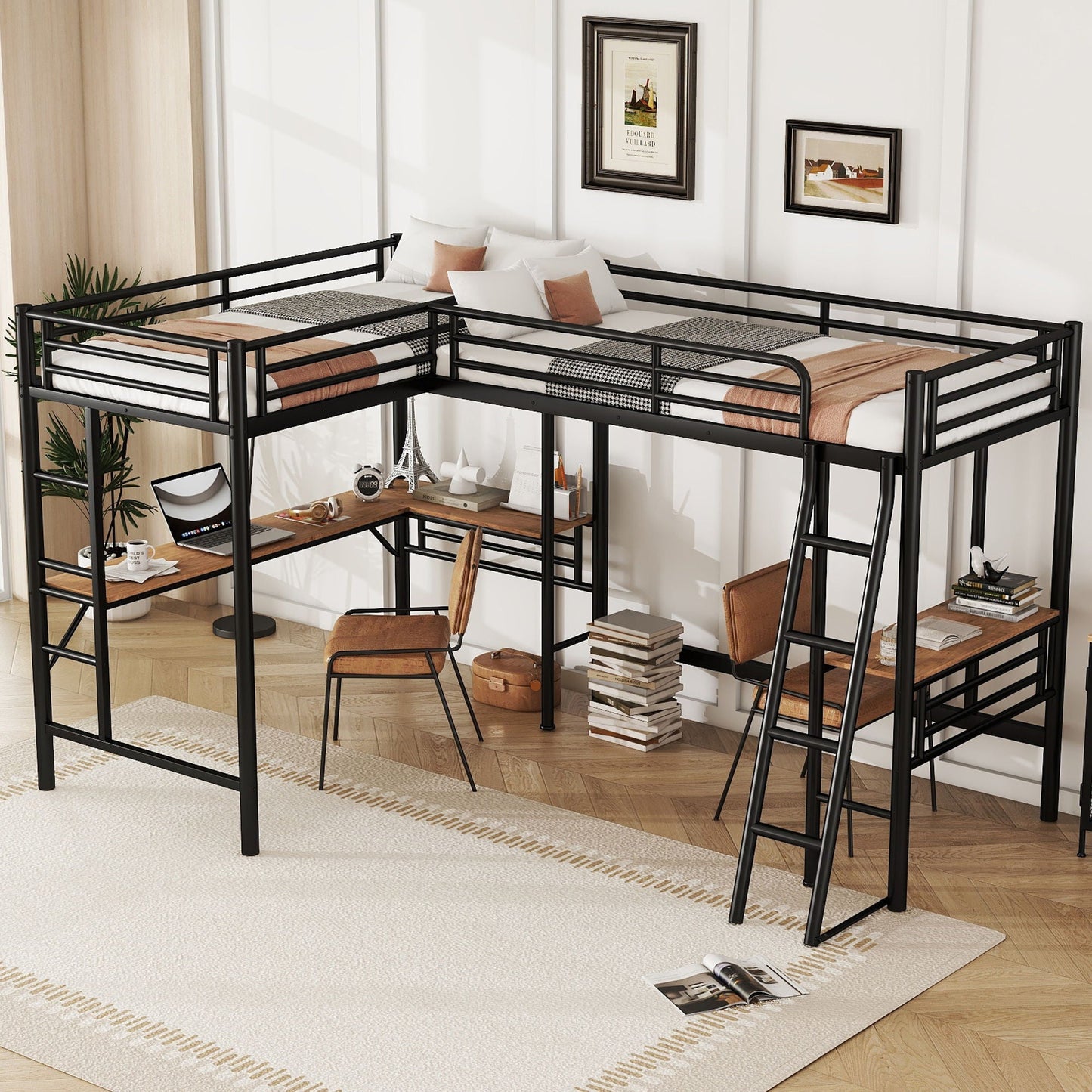 Twin loft bed with 2 built-in desks, black metal frame, Mission style, HouseOfZazla on Tampa Home & Garden Store
