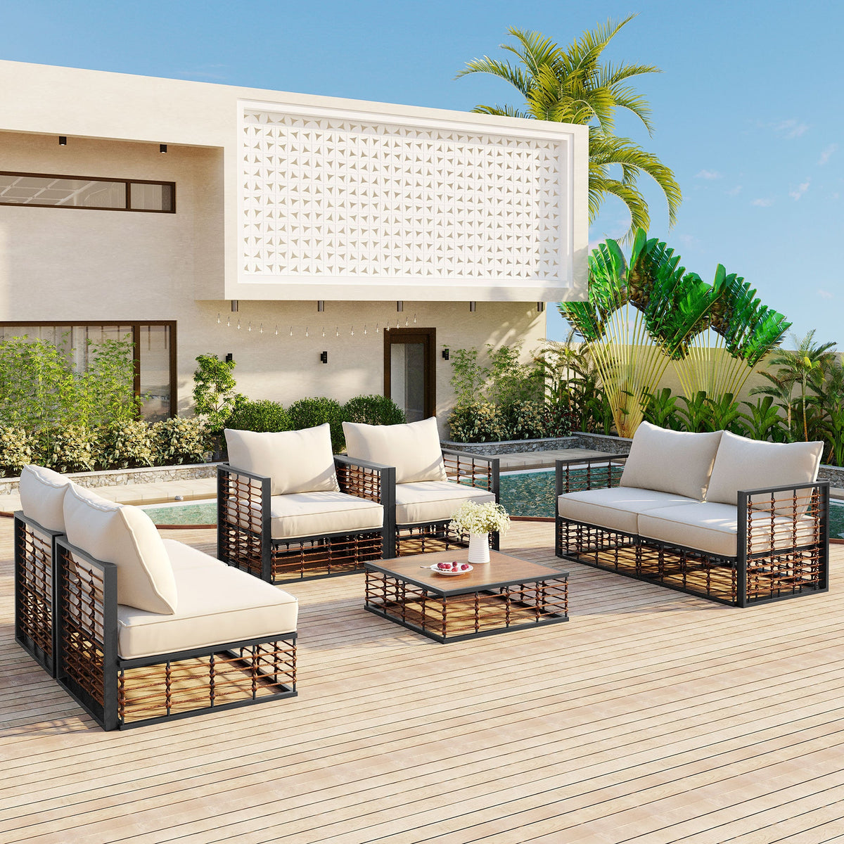 TOPMAX 7-Piece Metal Patio Sectional Sofa Set with cream cushions by HouseOfZazla on Tampa Home & Garden Store