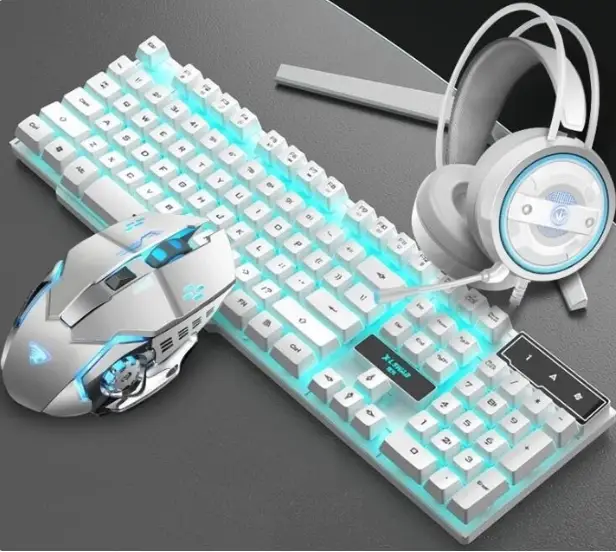 Glare Keyboard Mouse and Headset Gaming Set, white with cyan lighting by VIP Digital Presence on Tampa Home & Garden Store